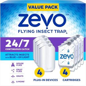 imageZevo 2 Flying Insect Traps ampamp 4 Refill Cartridges  Plug in Fly Trap ampamp Indoor Bug Catcher for Gnats House ampamp Fruit Flies  Blue ampamp UV Light Technology MessFree Alternative to Bug Zapper4 Devices  4 Cartridges