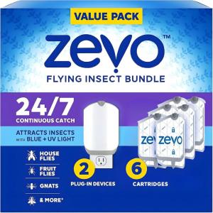 imageZevo Flying Insect Trap ampamp 3 Refill Cartridges  Plug in Fly Trap ampamp Indoor Bug Catcher for Gnats House ampamp Fruit Flies  Blue ampamp UV Light Technology MessFree Alternative to Bug Zapper2 Devices  6 Cartridges