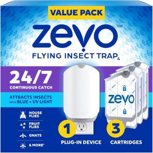 imageZevo Flying Insect Trap ampamp 3 Refill Cartridges  Plug in Fly Trap ampamp Indoor Bug Catcher for Gnats House ampamp Fruit Flies  Blue ampamp UV Light Technology MessFree Alternative to Bug Zapper1 Device  3 Cartridges