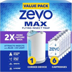 imageZevo MAX Bug Catcher ampamp Fly Trap for Indoors  Flying Insect Trap for Gnats House ampamp Fruit Flies  Use in Any Room  NoMess Disposal 2 Plug in Bases ampamp 4 Cartridges1 Device  6 Cartridges