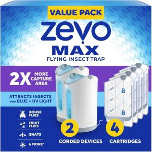 imageZevo MAX Bug Catcher ampamp Fly Trap for Indoors  Flying Insect Trap for Gnats House ampamp Fruit Flies  Use in Any Room  NoMess Disposal 2 Plug in Bases ampamp 4 Cartridges2 Devices  4 Cartridges